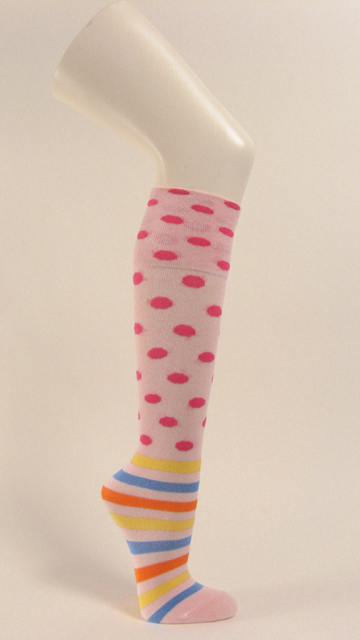 Light pink under knee socks with pink dots stripes no heel